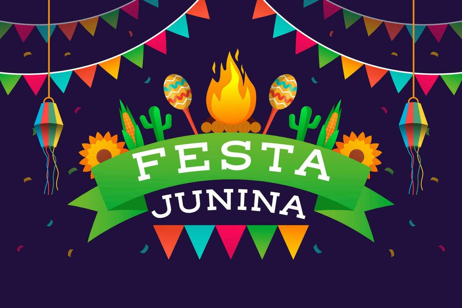 gradient festa junina background with fire, maraca, cactus, and flowers vector