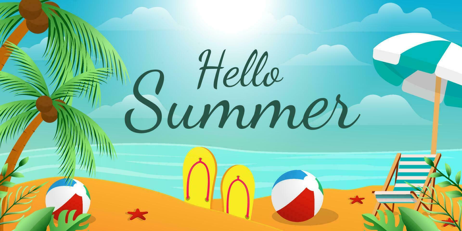 gradient hello summer illustration with slippers, balls, seat, umbrella, starfish, and coconut tree vector