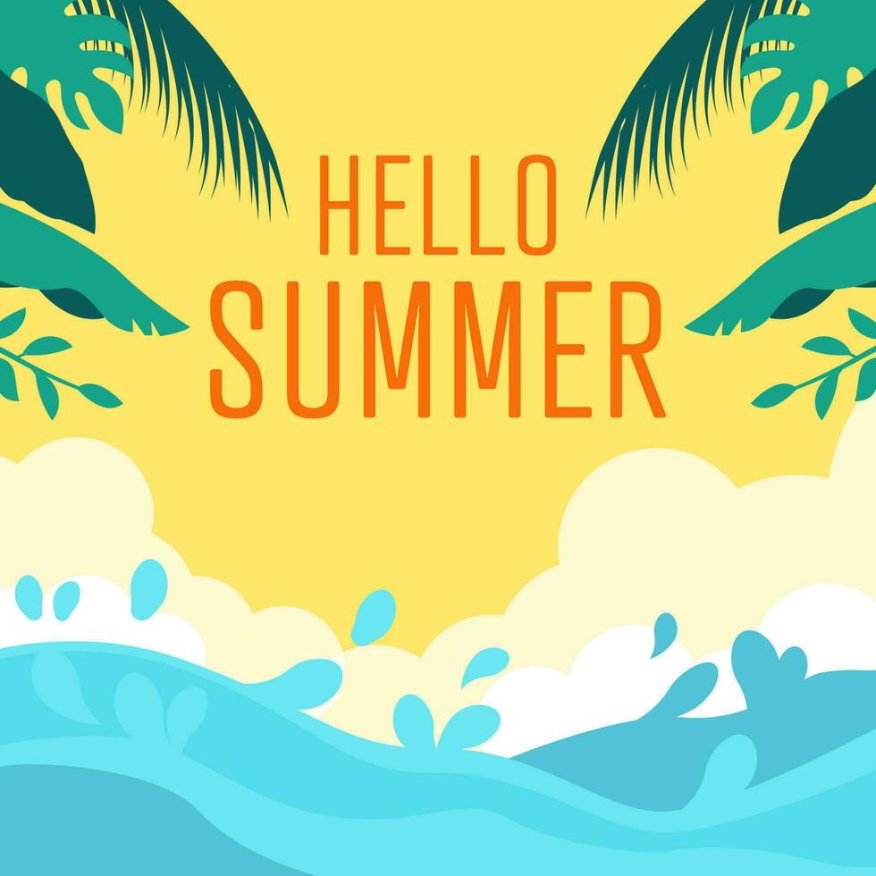 flat design summer illustration with sea wave and leaves vector