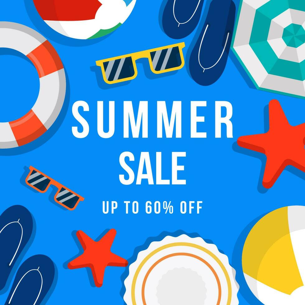 Summer sale banner illustration with slippers, star sea, buoy, ball, and hat vector