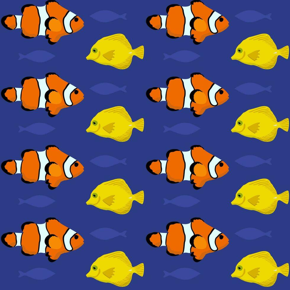 Vector seamless pattern with bright tropical fishes on deep blue background.