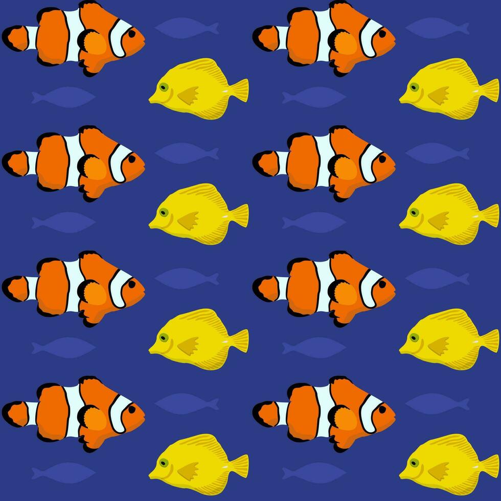 Vector seamless pattern with bright tropical fishes on deep blue background.