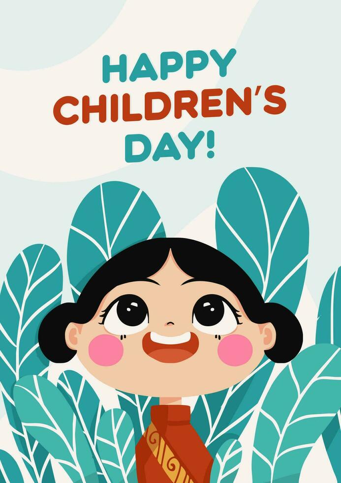 para niños internacional día. con el texto contento para niños día. con niño dibujos animados personaje vector en antecedentes para social medios de comunicación correo. saludo carteles