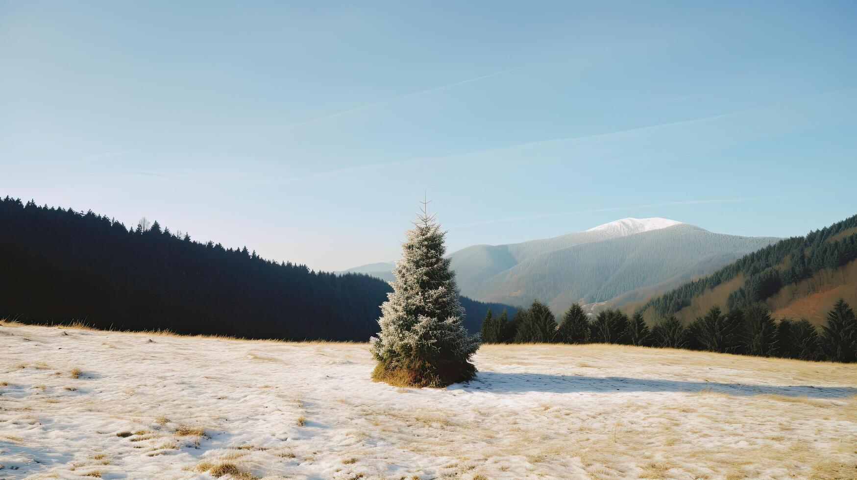 Navidad árbol en montaña antecedentes. ilustración ai generativo foto