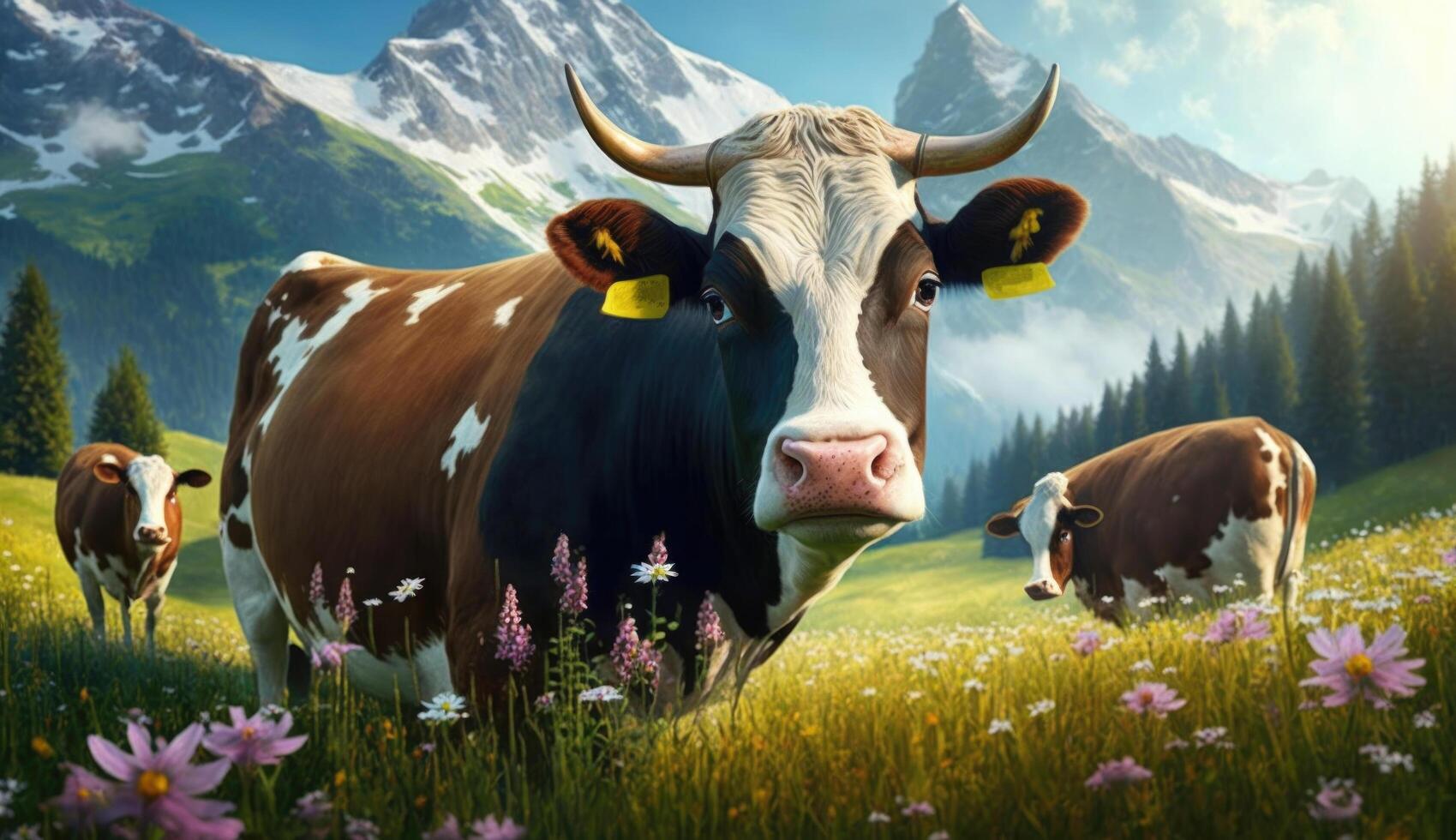 vacas en Alpes. ilustración ai generativo foto