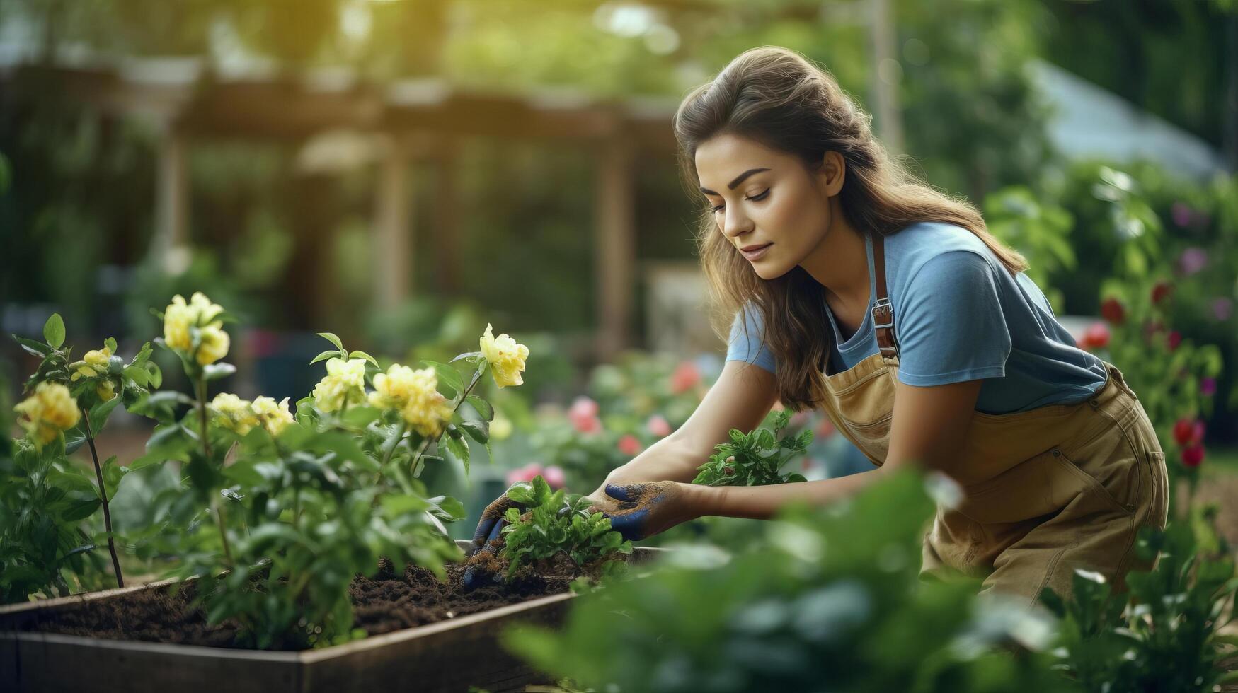 mujer plantando flores en jardín. ilustración ai generativo foto
