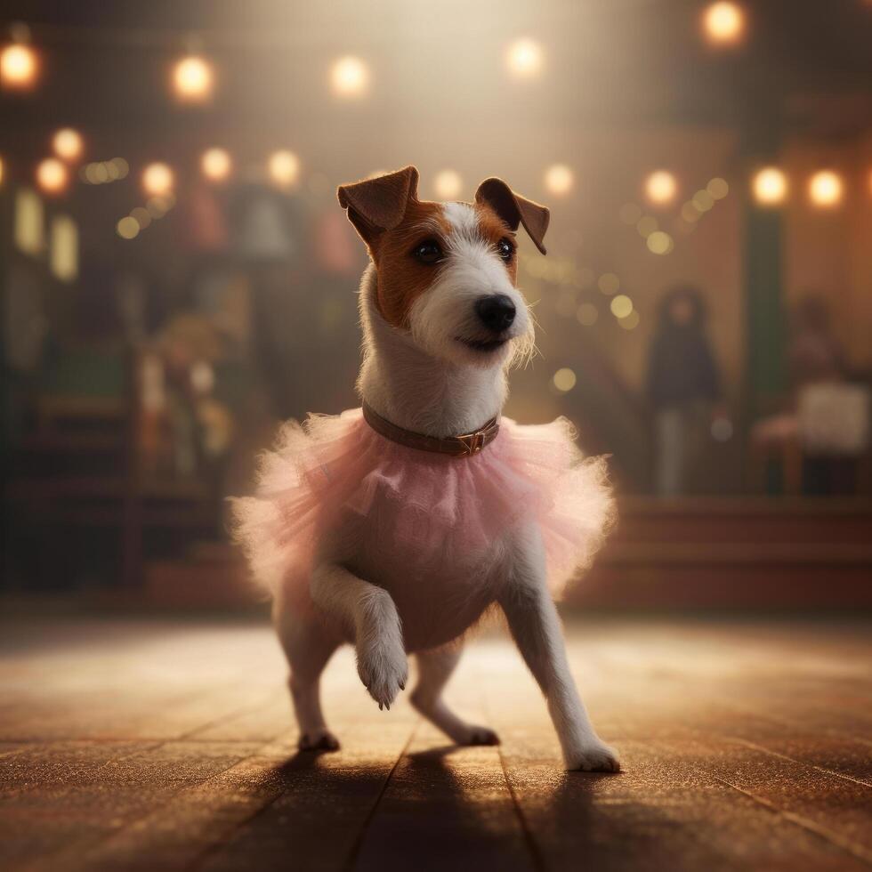 Jack Russell perro en un ligero rosado ballet falda es bailando me gusta un bailarina, ilustración ai generativo foto