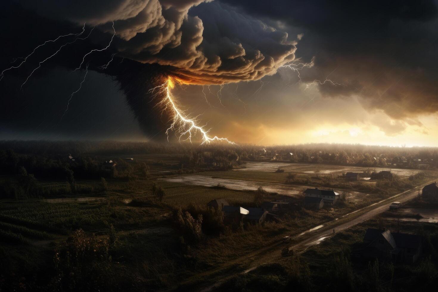 Tornado rages through a field. Illustration photo