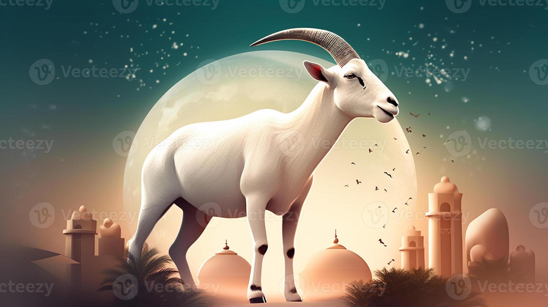 Eid al adha background goat with mosque photo