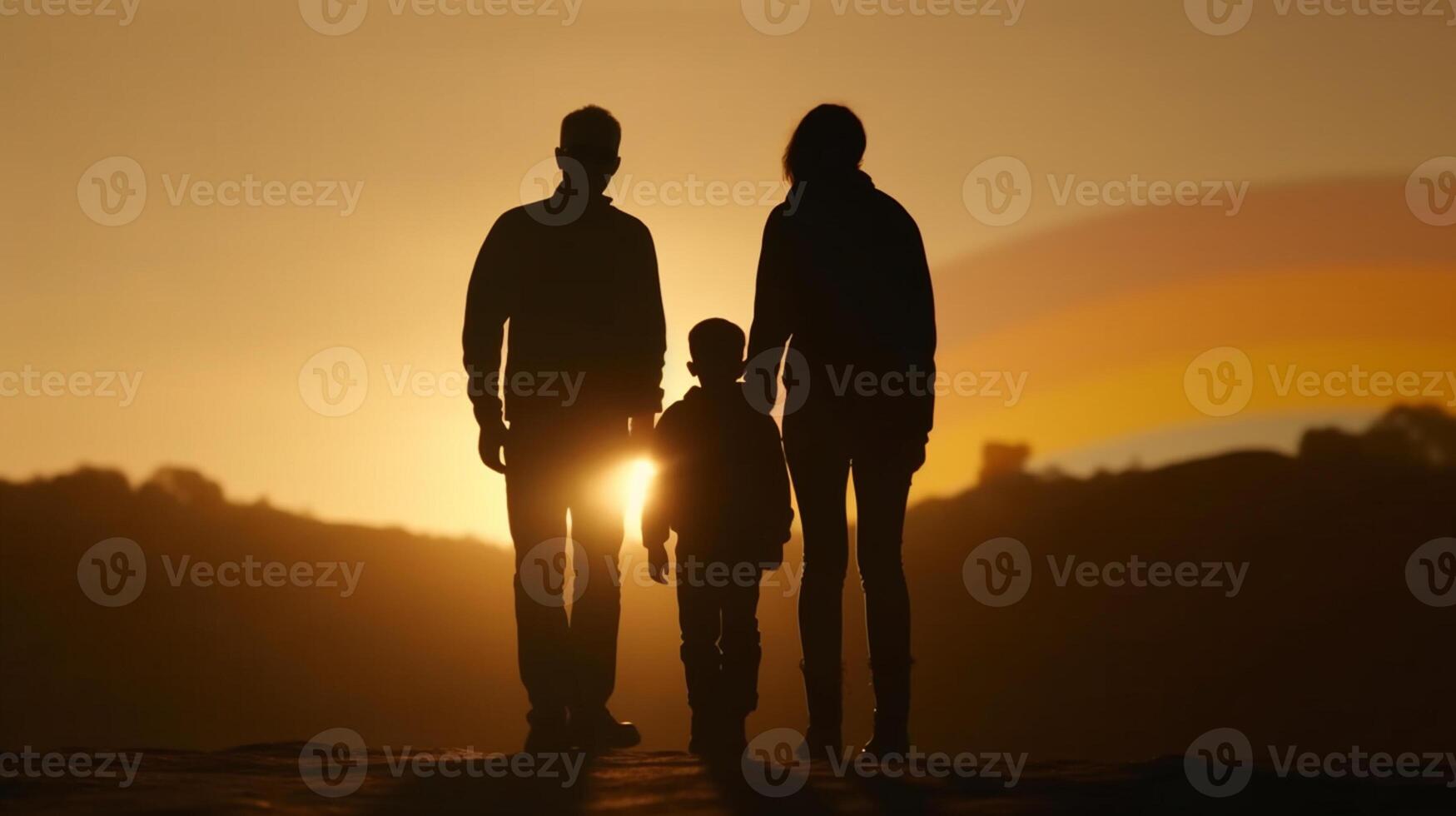 Silhouette of family at sunset. Concept of happy Father day, photo