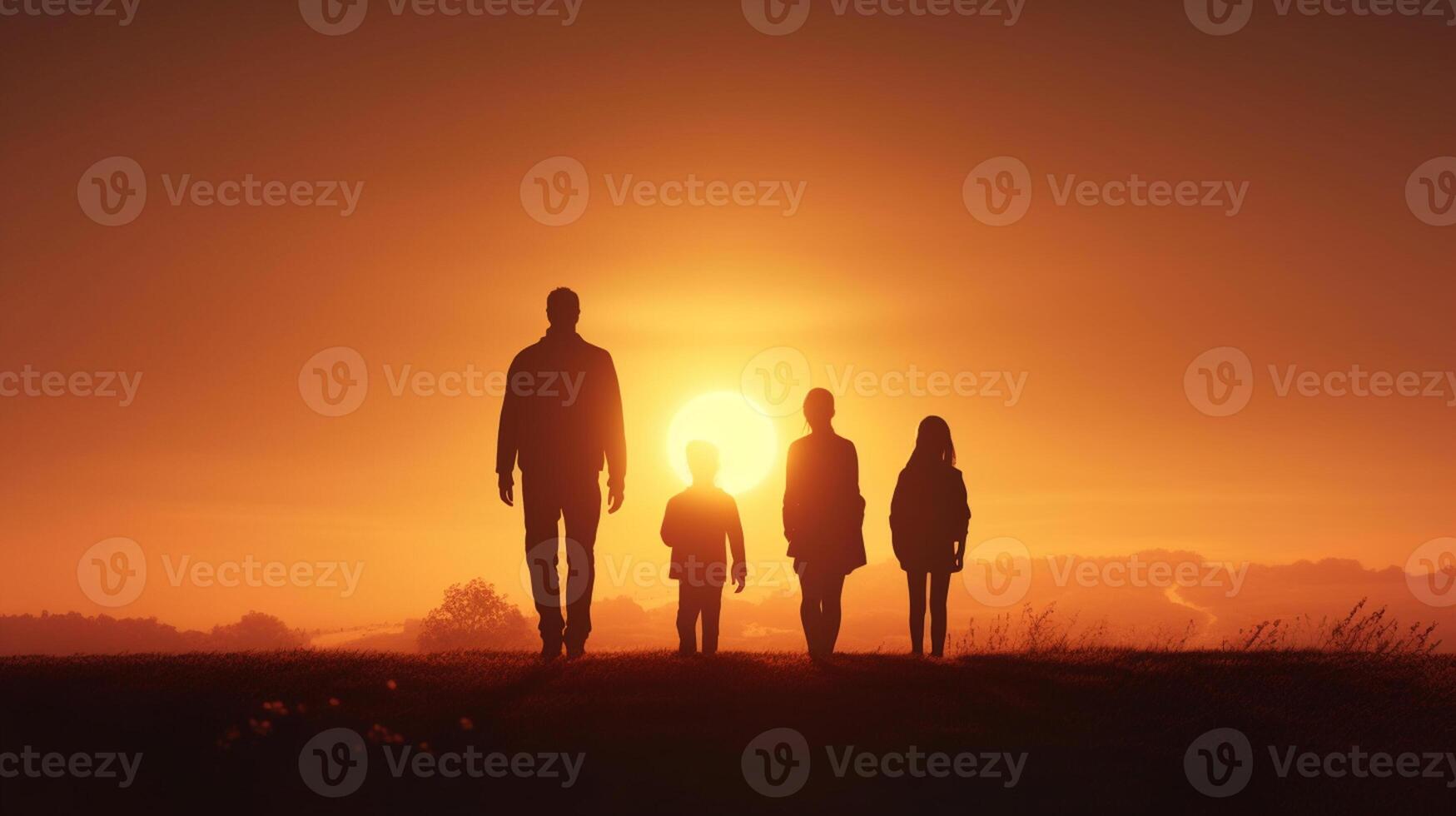 Silhouette of family at sunset. Concept of happy Father day, photo