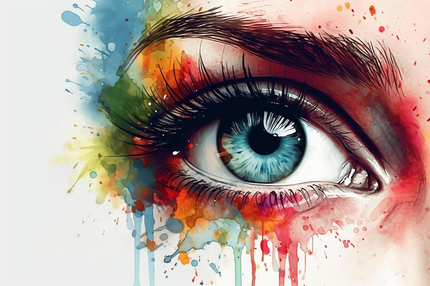 Close up of beautiful woman's eye with colorful paint splashes. photo