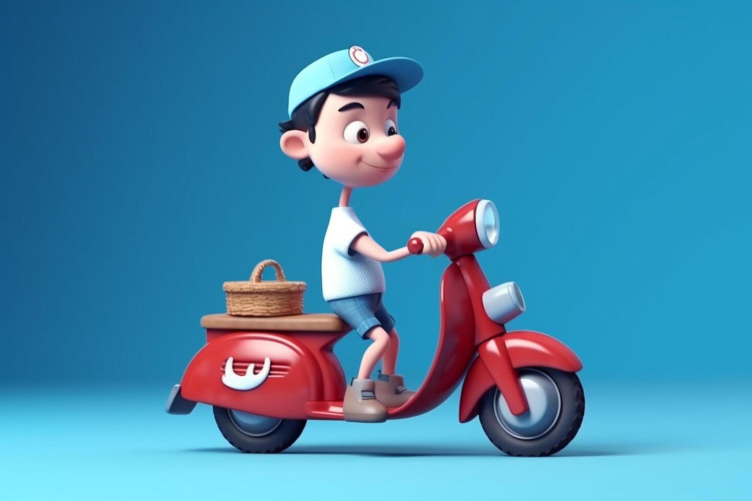 3d ilustración de un dibujos animados entrega chico montando un scooter en azul antecedentes generativo ai foto