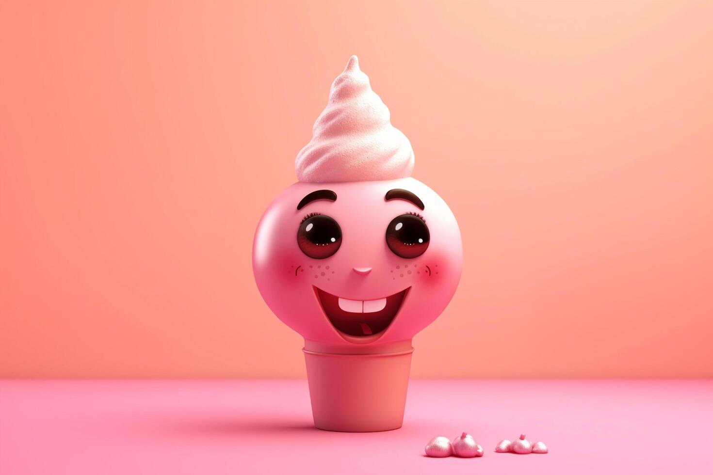 Funny pink ice cream character on pink background. 3D Rendering photo