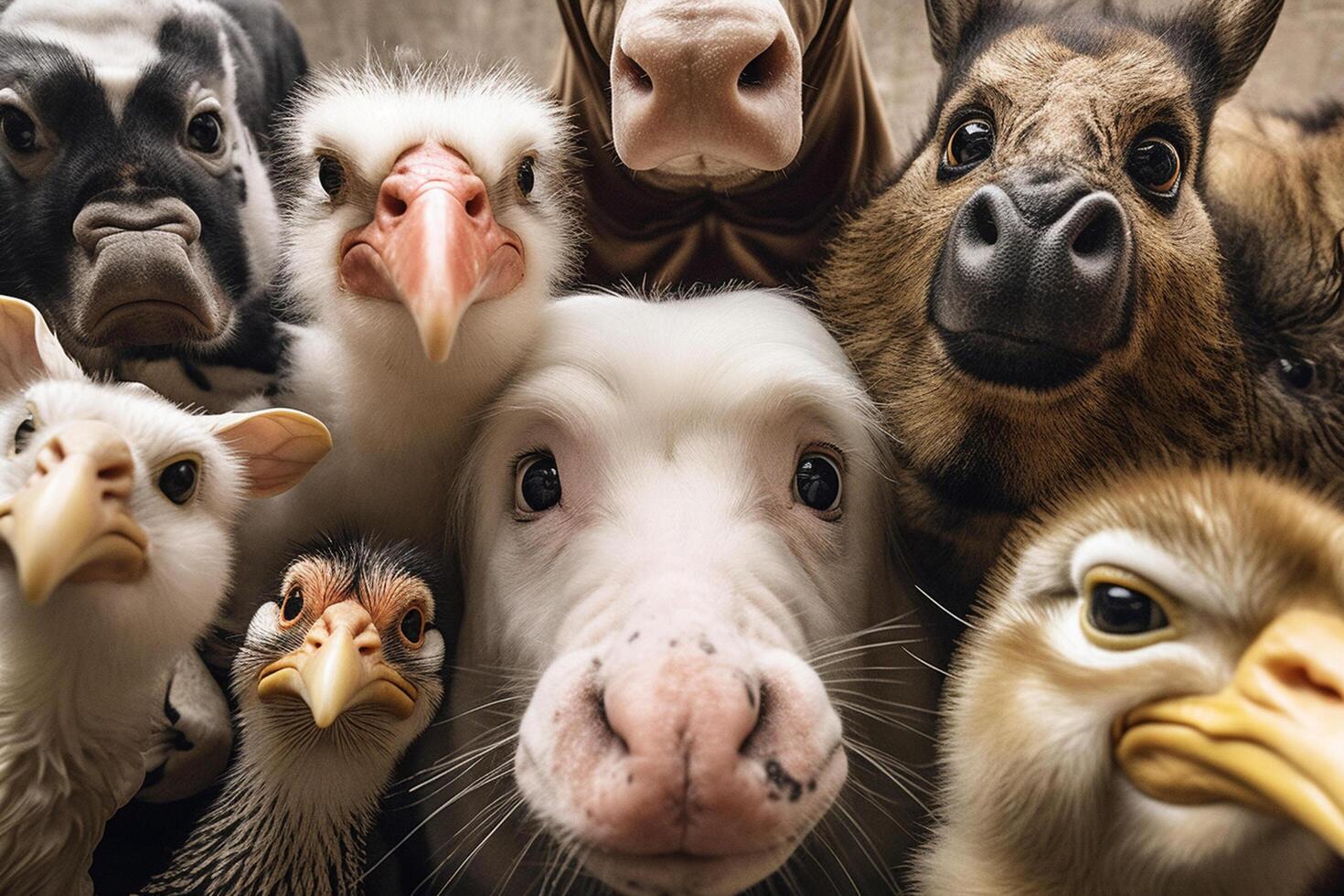 group of farm animals on a wooden background, top view, close-up photo