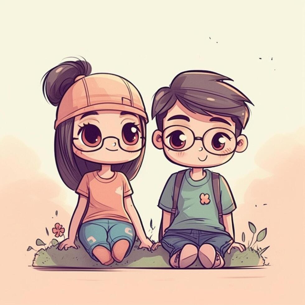 Cute little boy and girl sitting on the grass. illustration photo