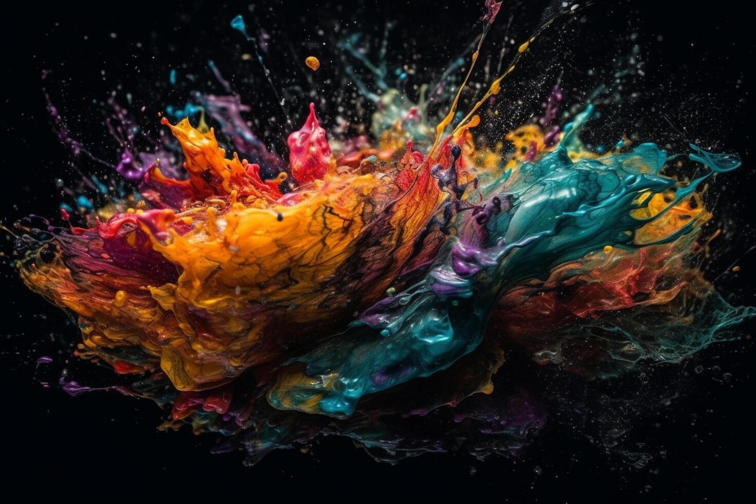 Colorful paint splashes isolated on black background, abstract background. photo