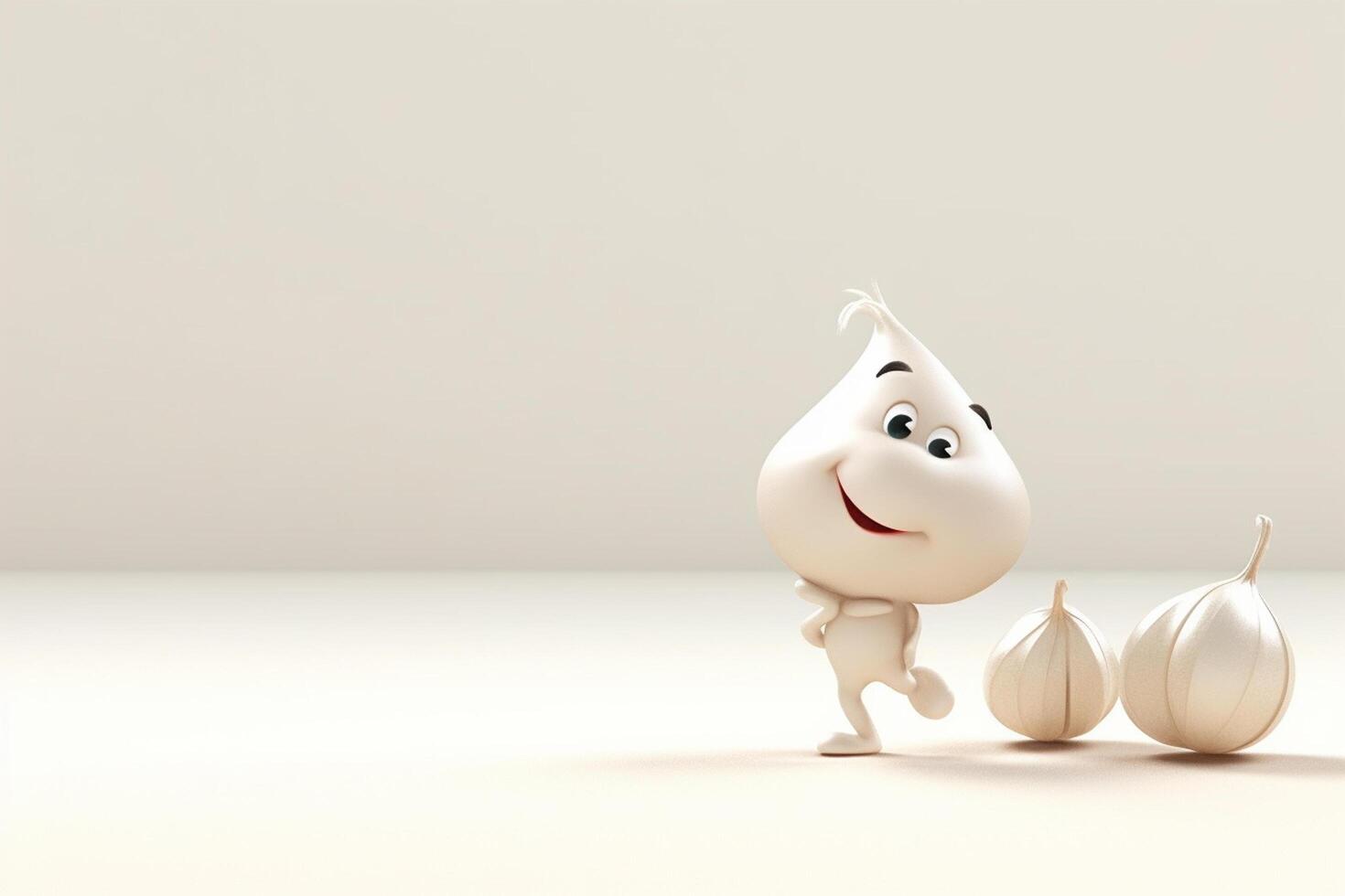 3d illustration of a white vegetable character with garlic and copy space photo