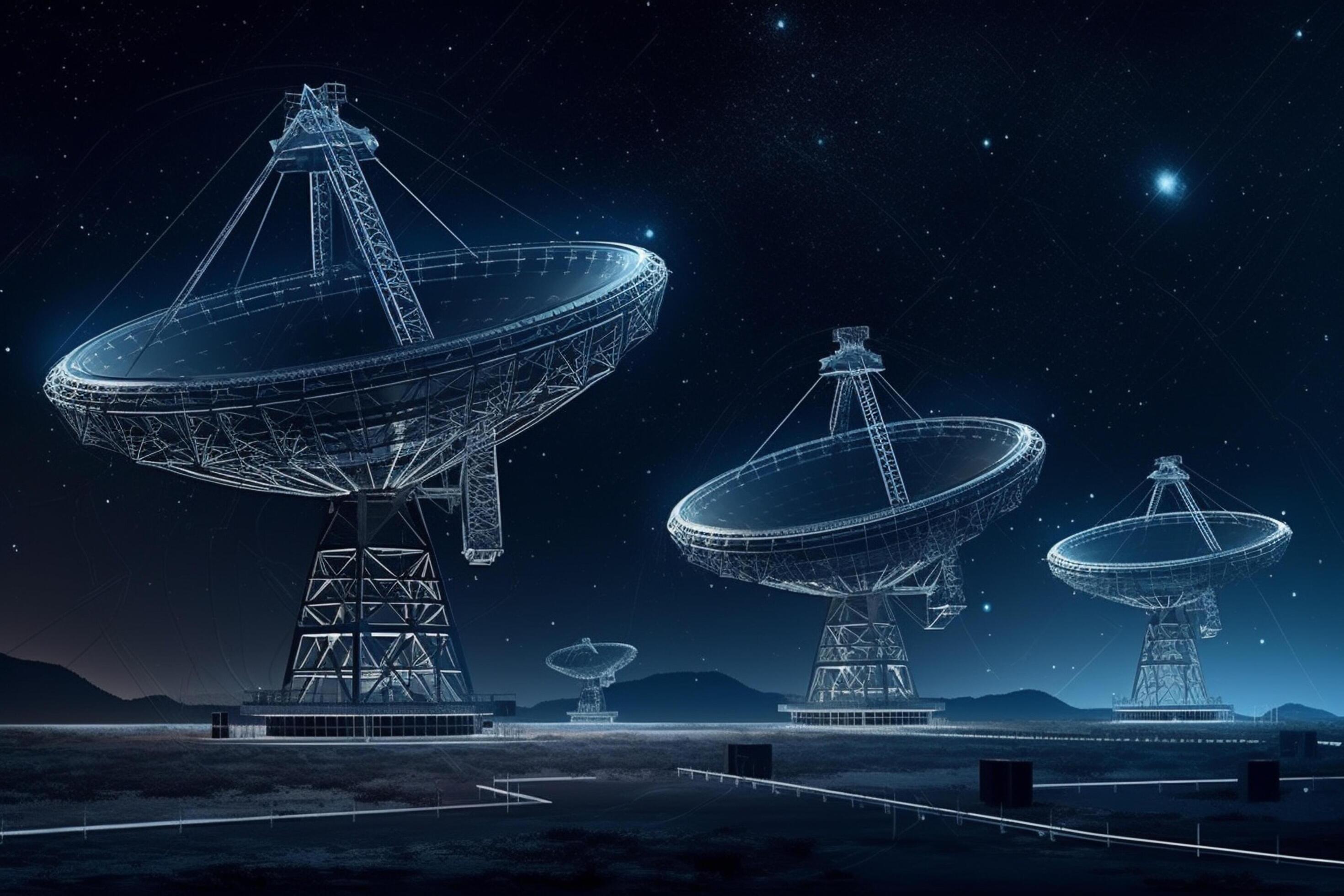 3d rendering of satellite dish in space with starry sky background