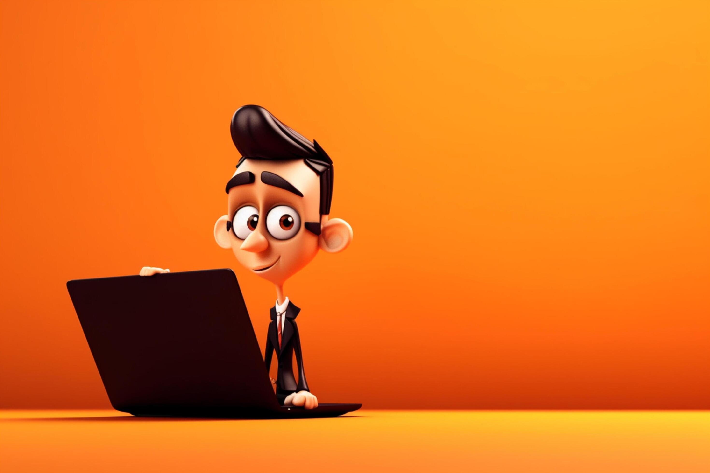 3D illustration of a cartoon character with a laptop on orange