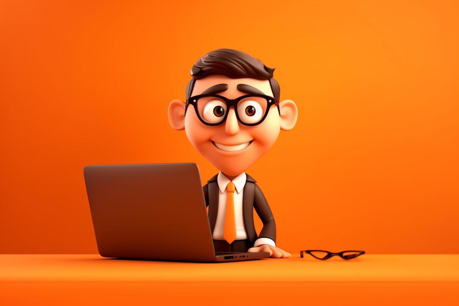 3D illustration of a cartoon character with a laptop on orange background photo