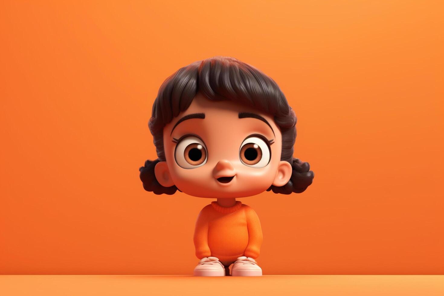 3d ilustración de un linda pequeño niña con doblada brazos en naranja antecedentes generativo ai foto