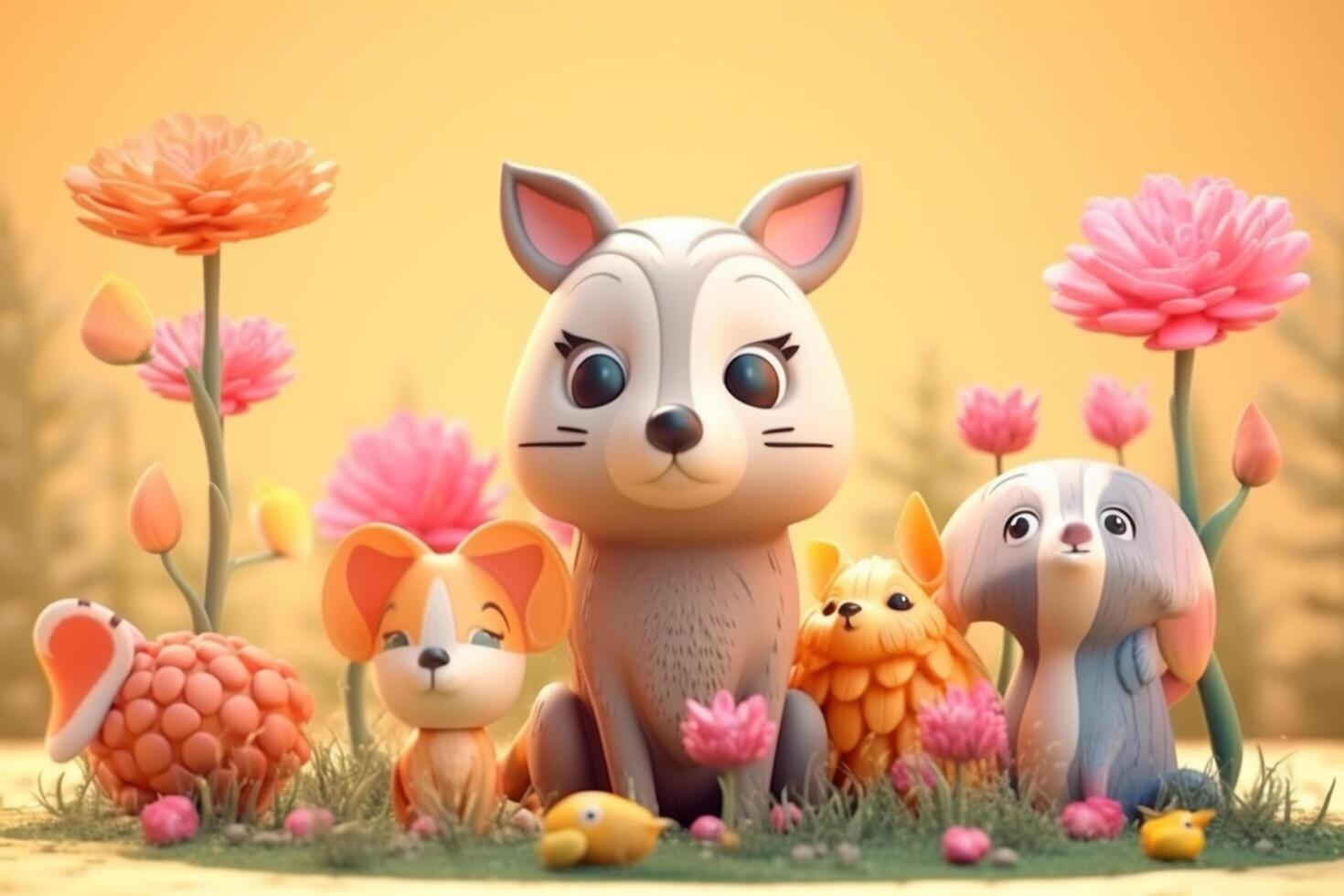 Easter bunny family with flowers in the meadow, 3d render photo