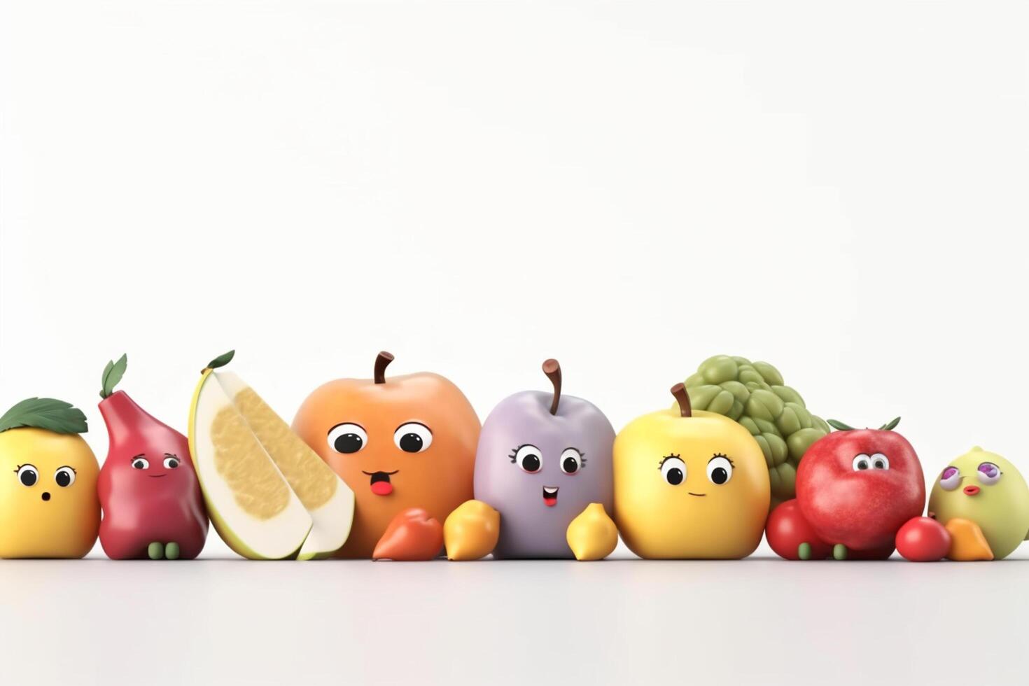 frutas y vegetales con linda caras caracteres en blanco antecedentes. 3d ilustración generativo ai foto
