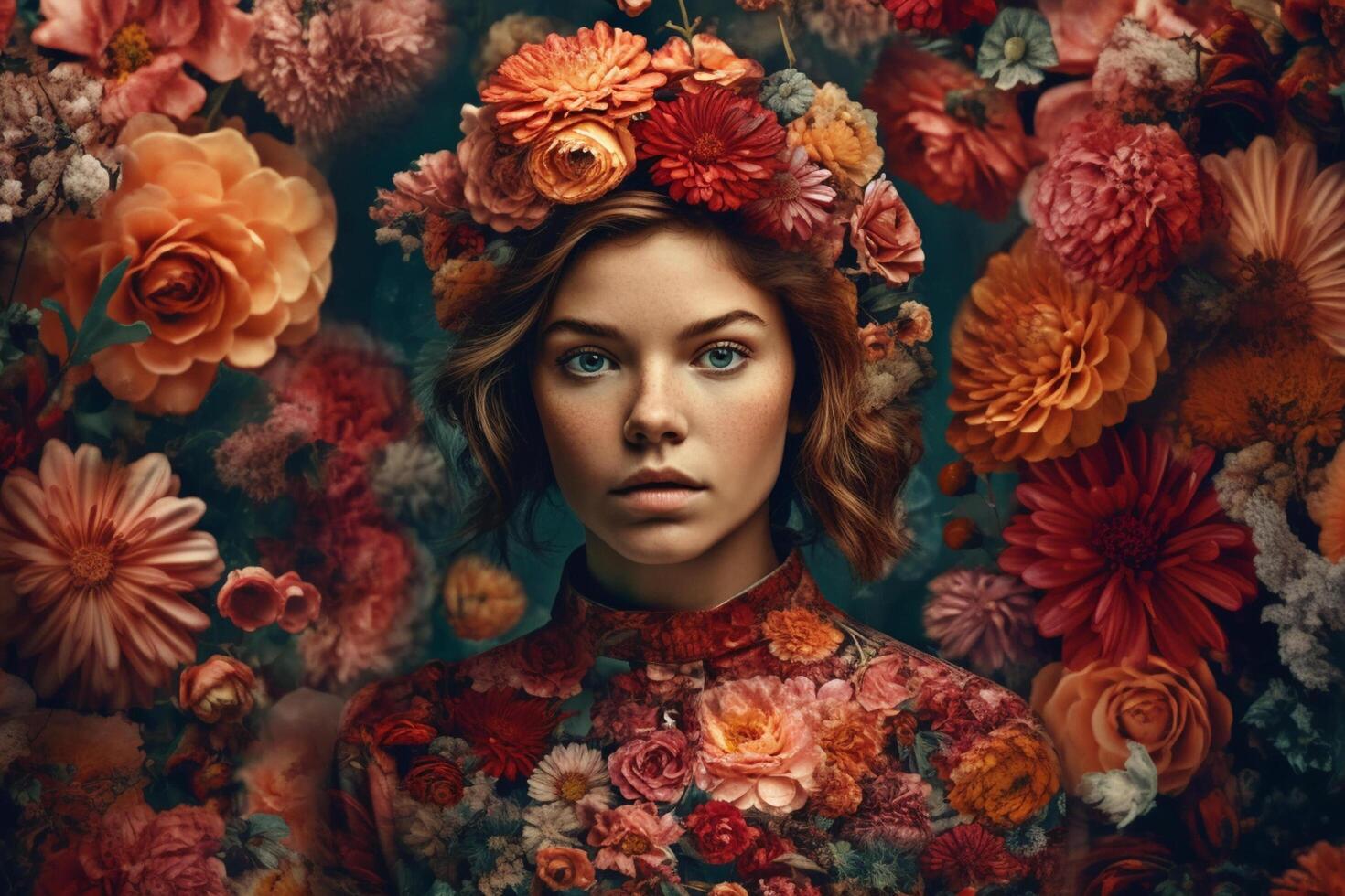 Portrait of a beautiful young woman on a colorful floral background. photo