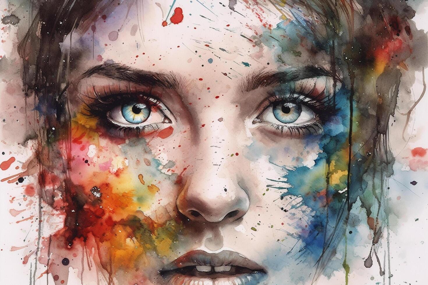 Close-up portrait of a beautiful young woman with multicolored paint splashes. photo