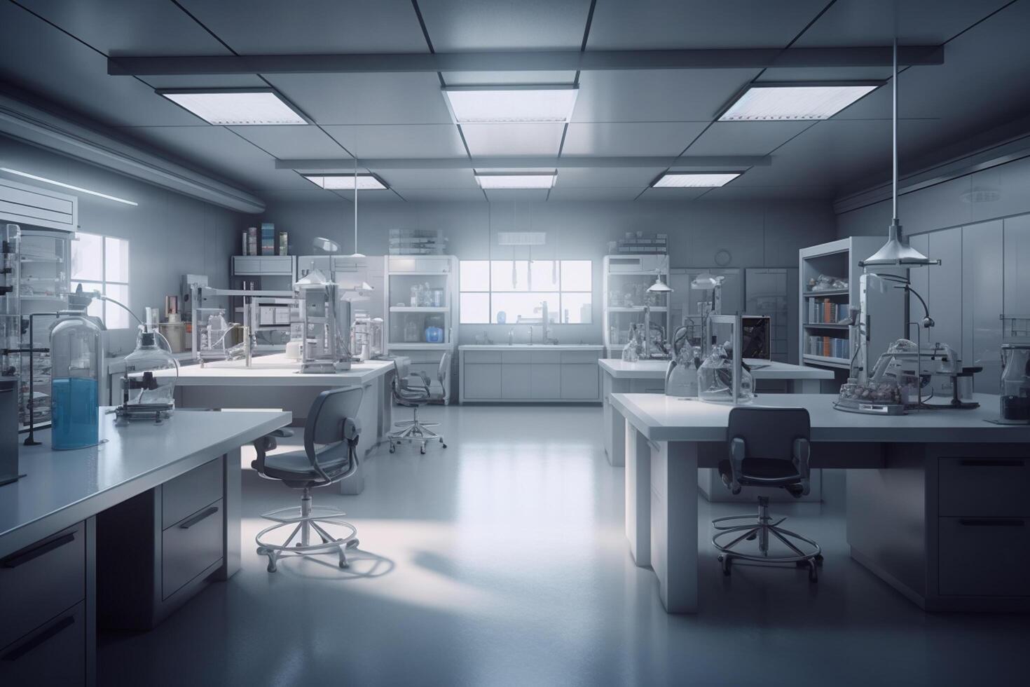 Chemical laboratory interior. 3d rendering toned image double exposure photo