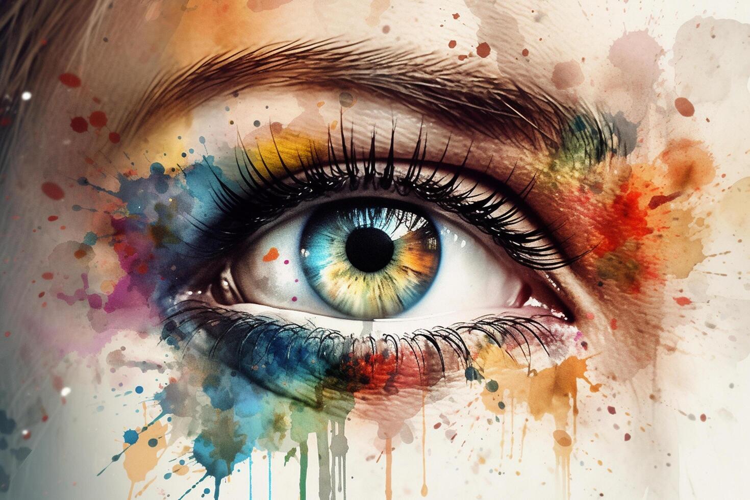 Close up of beautiful woman's eye with colorful paint splashes. photo