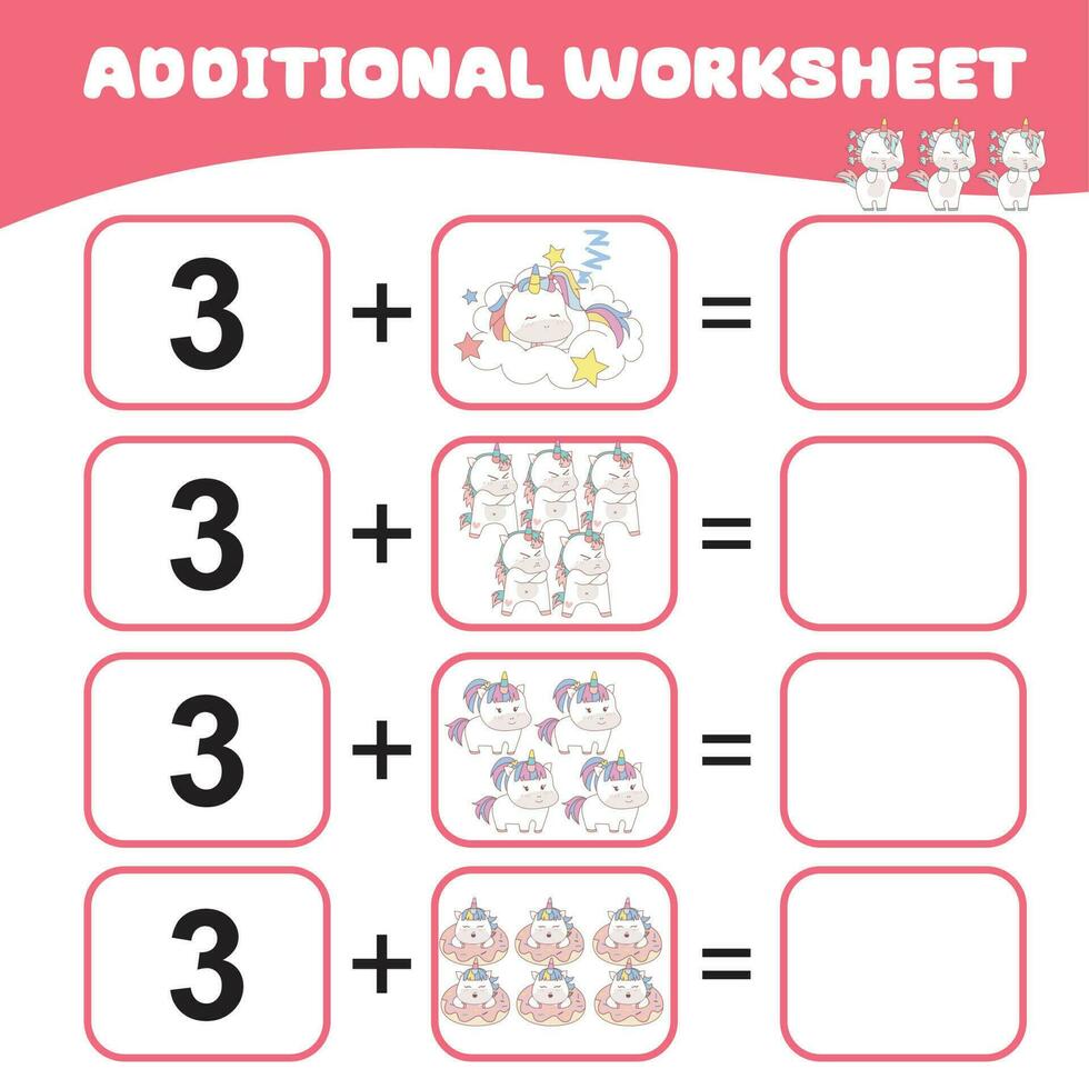 Counting unicorn activity for children. Mathematic worksheet for kids. Additional math worksheet. Count and write activity for kids. Vector file.