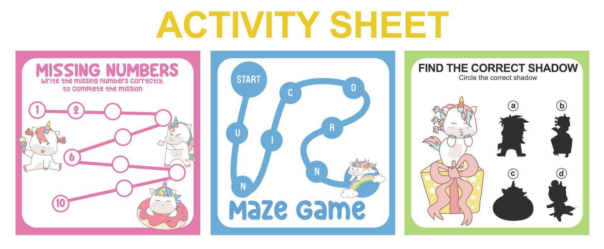 Activity sheet for children. 3 in 1 Educational printable worksheet. Missing numbers, maze game, and matching shadow worksheet. Vector illustrations.