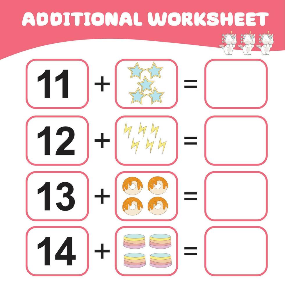 Counting unicorn activity for children. Mathematic worksheet for kids. Additional math worksheet. Count and write activity for kids. Vector file.