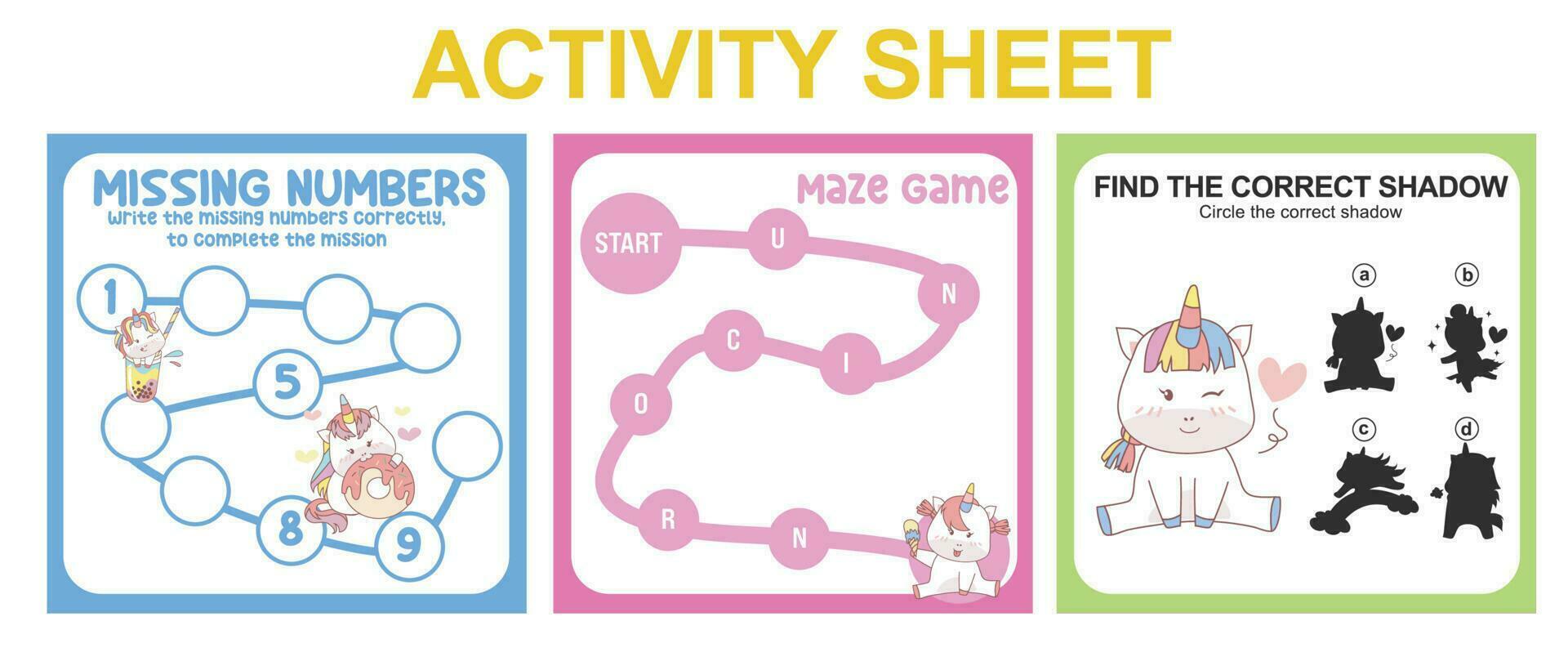 Activity sheet for children. 3 in 1 Educational printable worksheet. Missing numbers, maze game, and matching shadow worksheet. Vector illustrations.