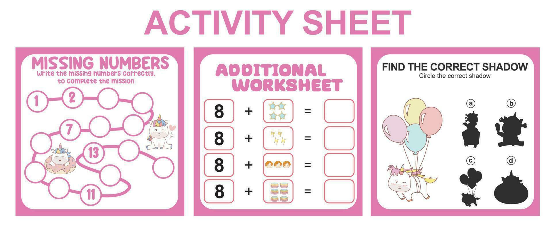 Activity sheet for children. 3 in 1 Educational printable worksheet. Missing numbers, counting worksheet and matching shadow worksheet. Vector illustrations.