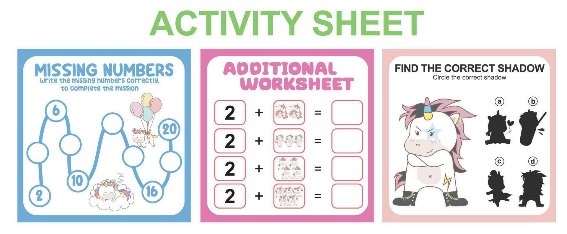 Activity sheet for children. 3 in 1 Educational printable worksheet. Missing numbers, counting worksheet and matching shadow worksheet. Vector illustrations.