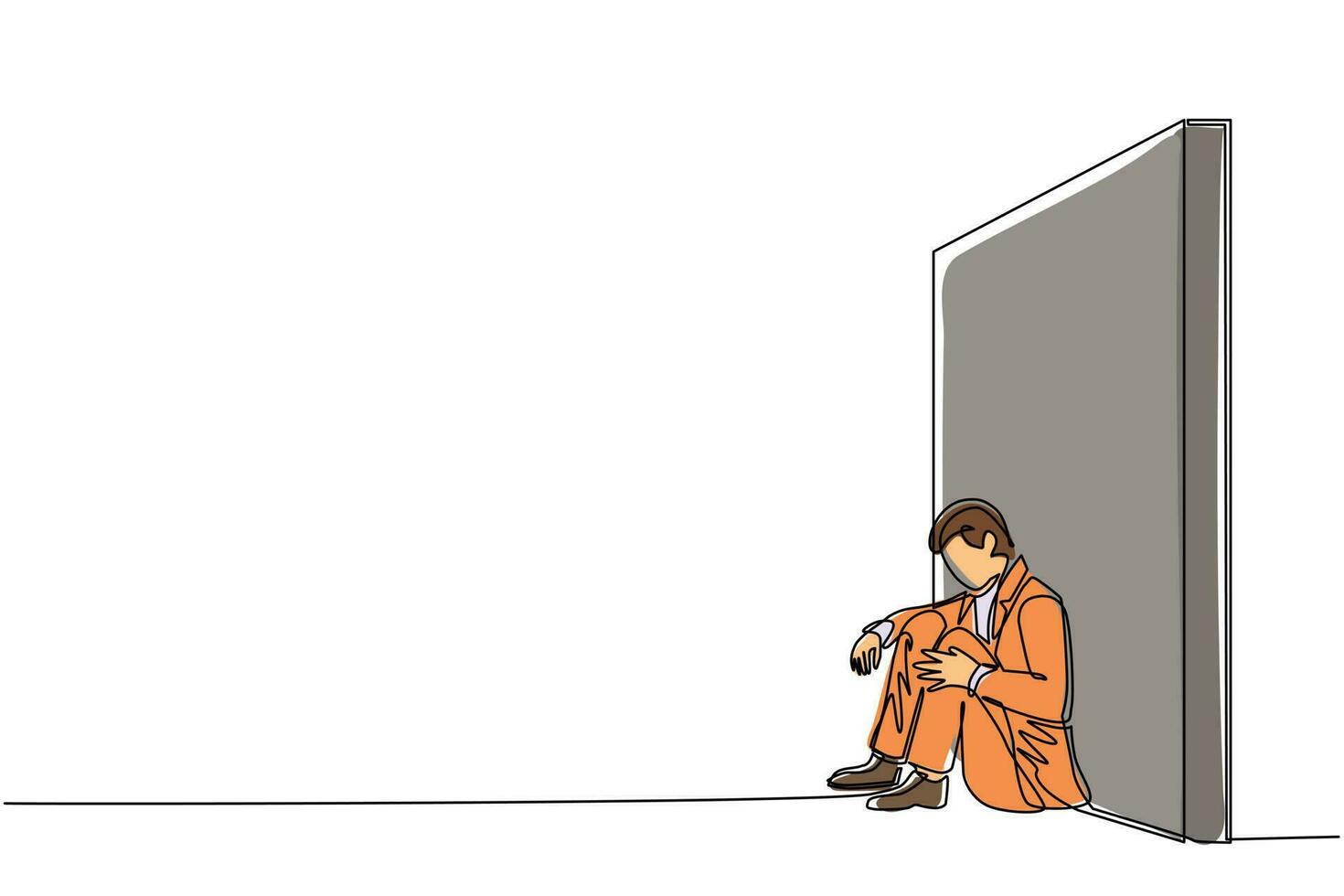 Single continuous line drawing upset businessman sitting on floor and lean against the wall. Business concept in failure, sad, lonely, bankruptcy or negative expression. One line draw design vector