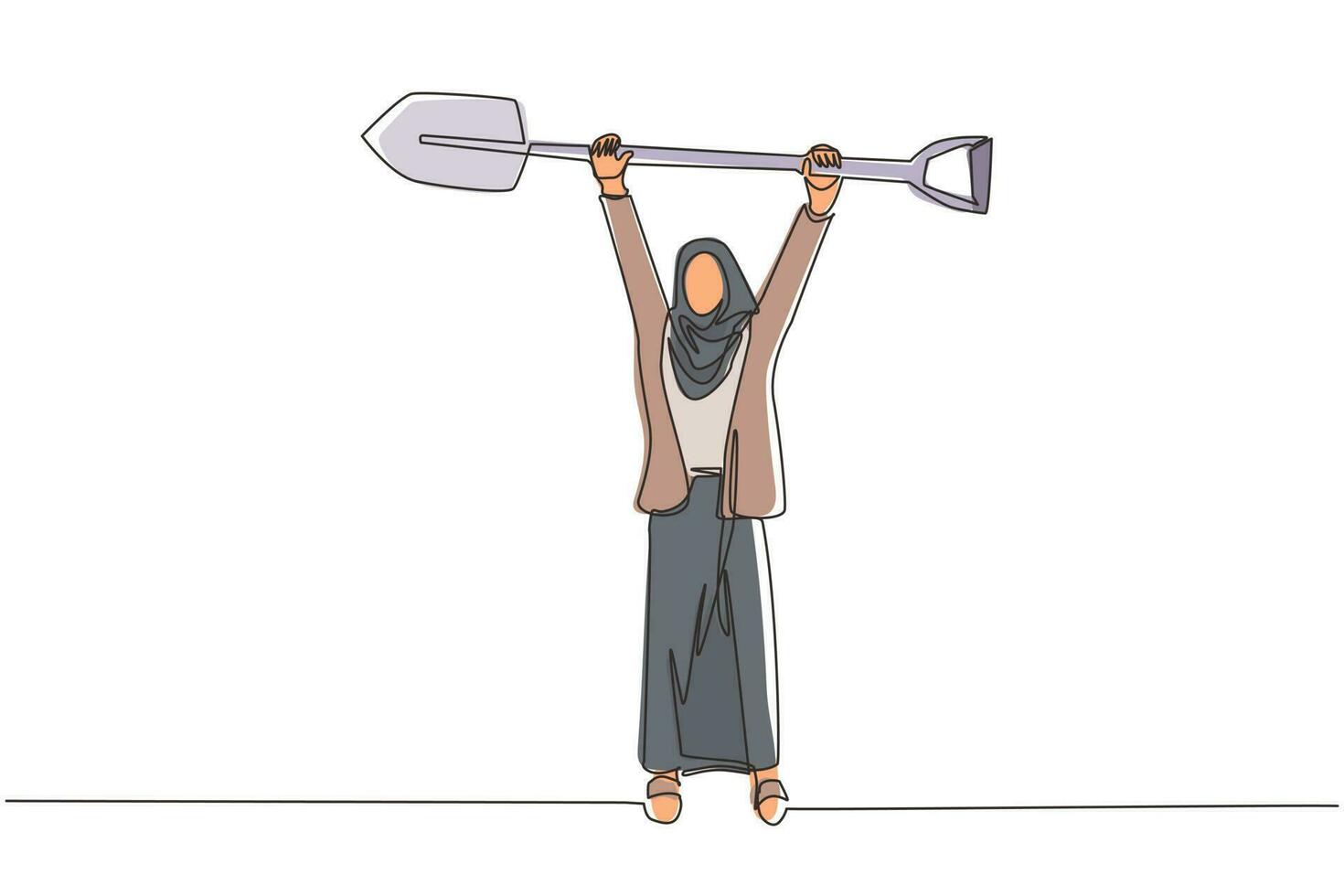 Single one line drawing Arab businesswoman standing and lifting big shovel. Business concept. Depicts hard work, success, achievement, and discovery. Modern continuous line draw design graphic vector