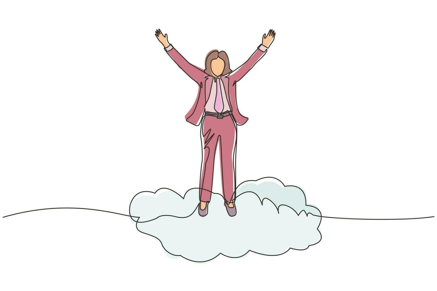 Continuous one line drawing businesswoman on top of cloud with raised hands. Successful business concept. Financial freedom, happiness, peaceful. Single line draw design vector graphic illustration