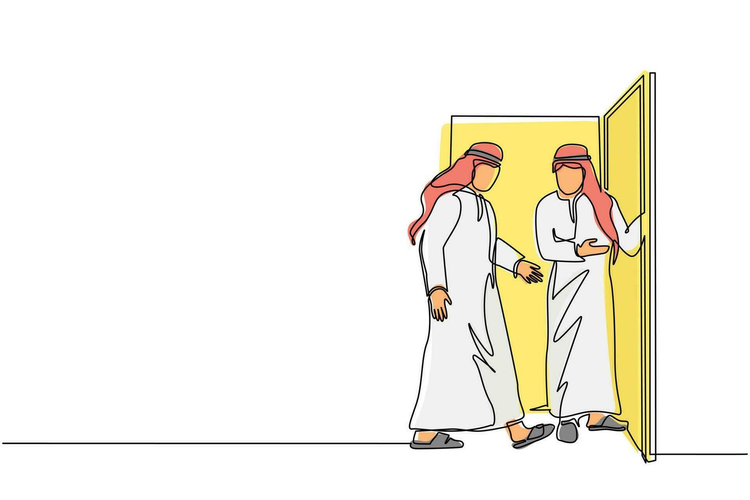 Single continuous line drawing Arab businessman at door welcomes his friend in. Man is inviting his friend to get into his house. Hospitality concept. One line draw graphic design vector illustration