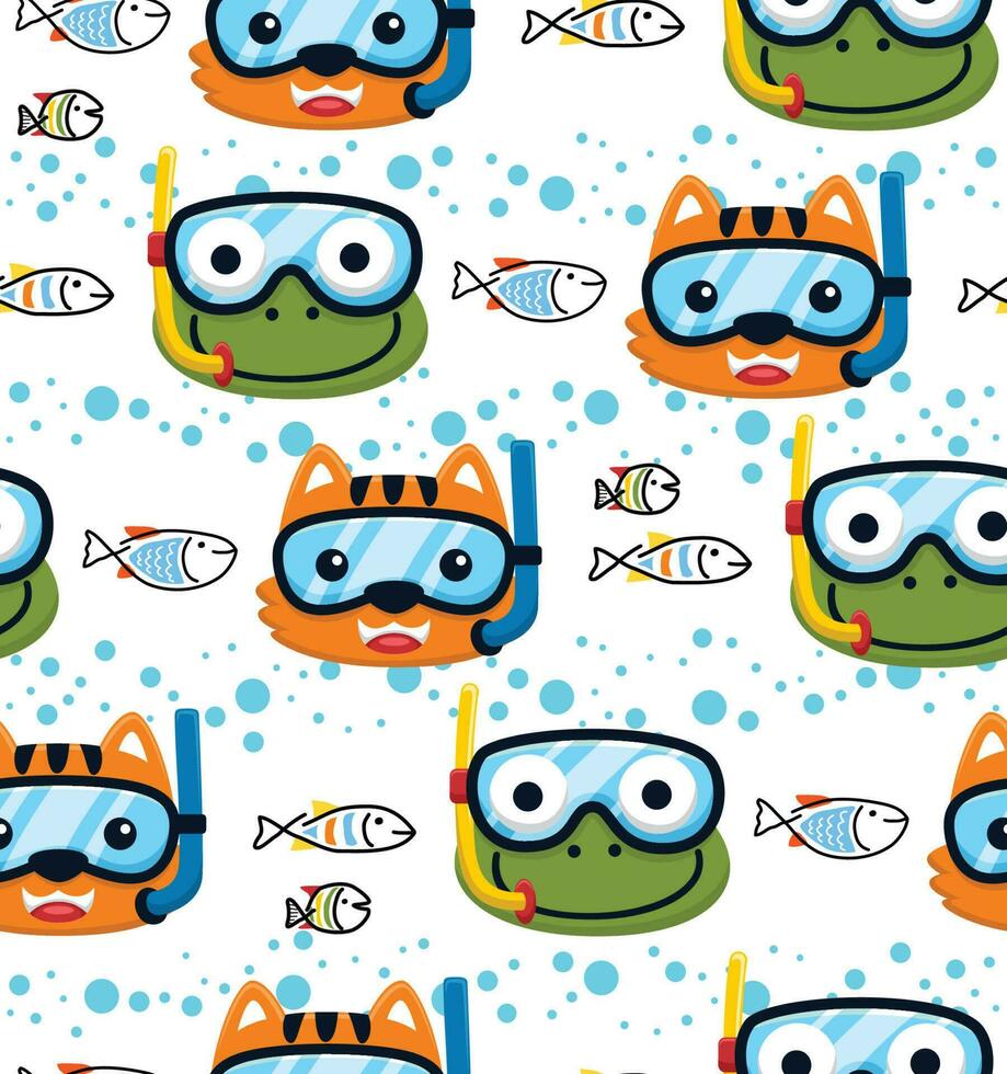 Seamless pattern vector of funny cat and frog in diving goggles, fish on bubble water background