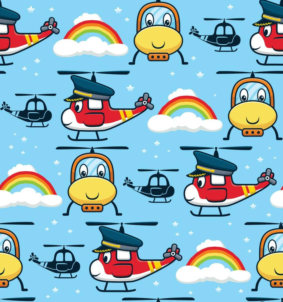 Seamless pattern vector of cartoon smiling helicopter wearing pilot cap, sky object