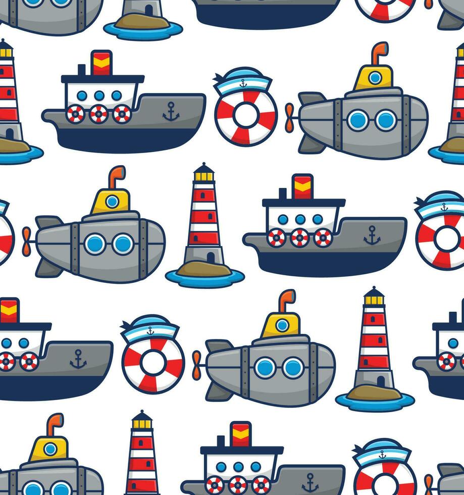 Seamless pattern vector of cartoon ship with submarine, sailing elements illustration
