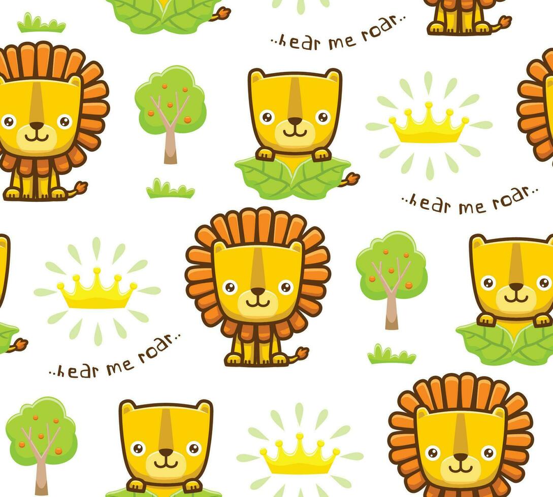 Seamless pattern vector of cartoon lion and lioness with crown and trees