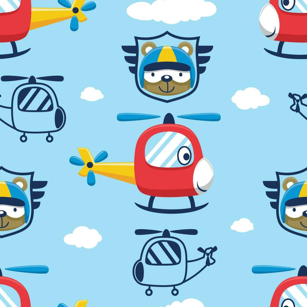 Seamless pattern vector of helicopter with bear pilot, air vehicle elements illustration