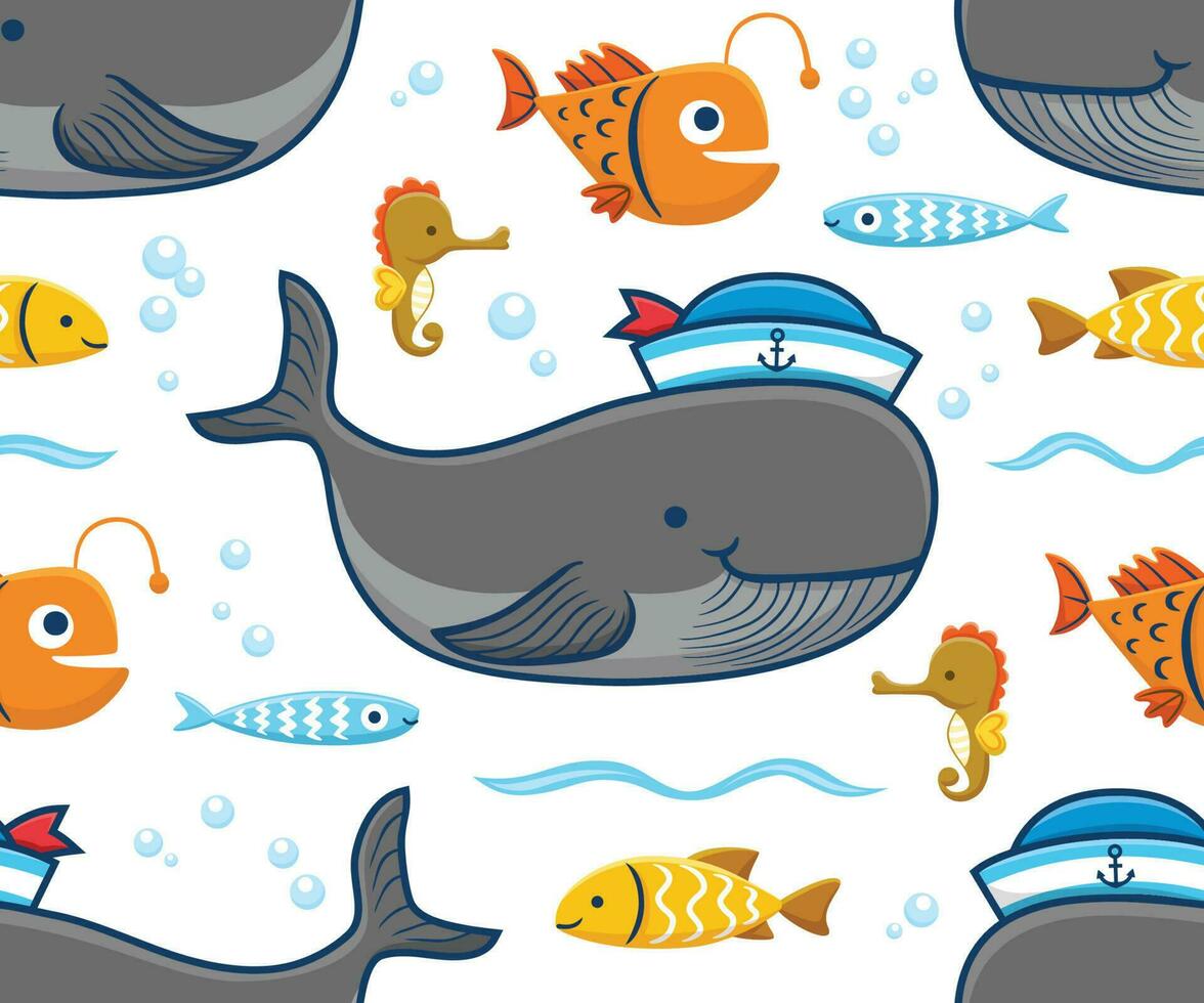 Seamless pattern vector of marine animals cartoon, big whale wearing sailor cap