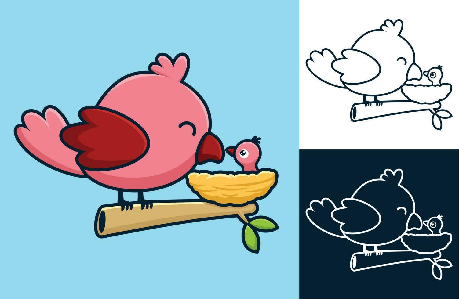 A bird on tree branches with it baby in the nest. Vector cartoon illustration in flat icon style