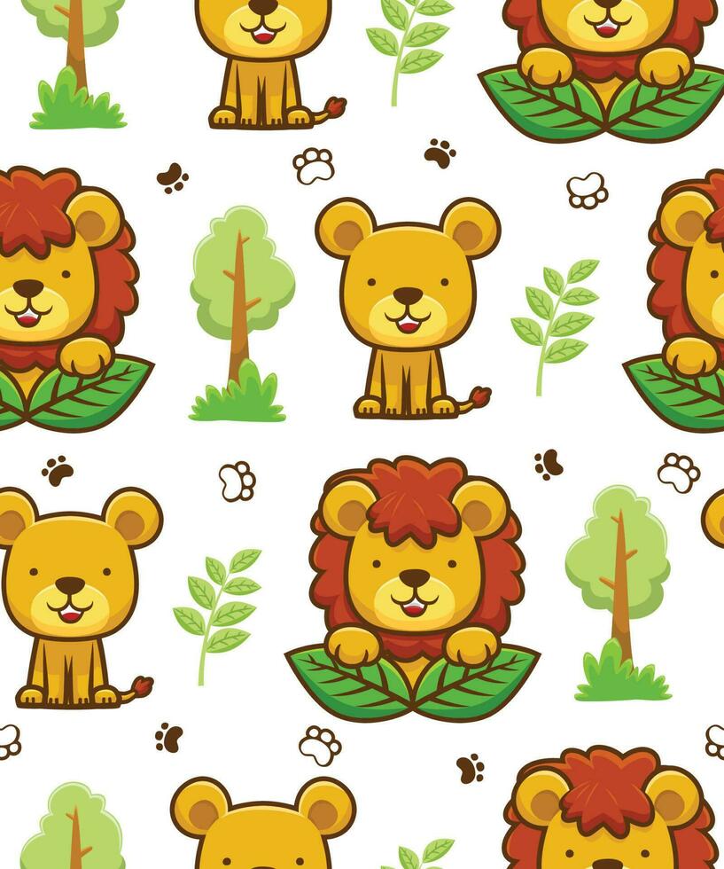 Seamless pattern vector of cute cartoon lion and lioness, forest elements illustration